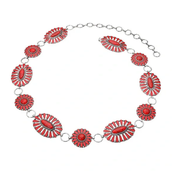 Silver & Red Boho Vintage Western Stone Concho Statement Belt